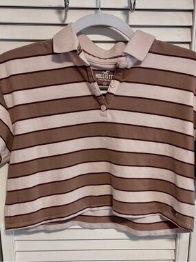 Women’s Hollister Pink and Brown Striped Cropped Polo